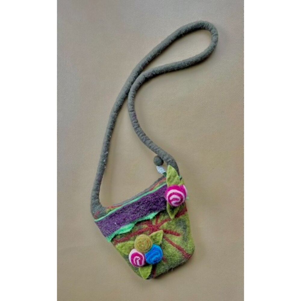 Handmade Felted Wool Crossbody Purse Floral Boho Artisan Fair Trade Nepal Bag